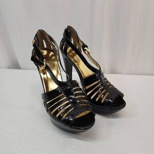 Michael Kors Size 9 M Joslin Black Patent Leather Platform Sandal Heels Strappy